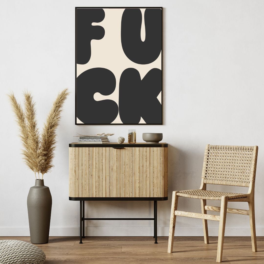 F*ck grote retro muurkunst, grappige muurprint, beige zwart retro decor, kleurrijke digitale download, grote afdrukbare kunst, downloadbare prints