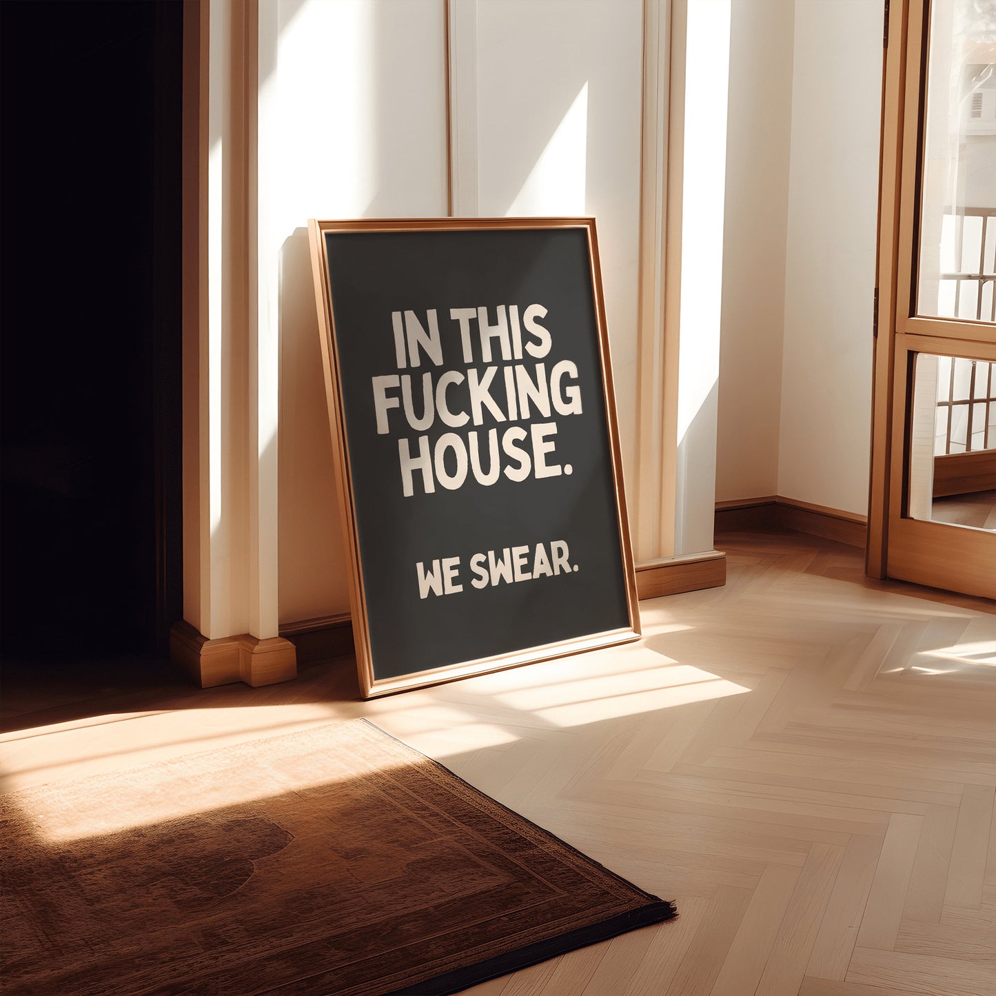 In This House We Fucking Swear - grappige sarcastische eigenzinnige Wall Art Print - citaat hal, coole sassy poster, zwart-wit vloek woordkunst decor