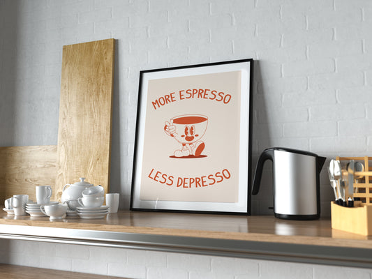 Meer Espresso minder depresso Keuken Muurkunst - Grappige barwagen Koffie Citaat Poster - Vintage Dopamine decor - Retro woonkamer prints
